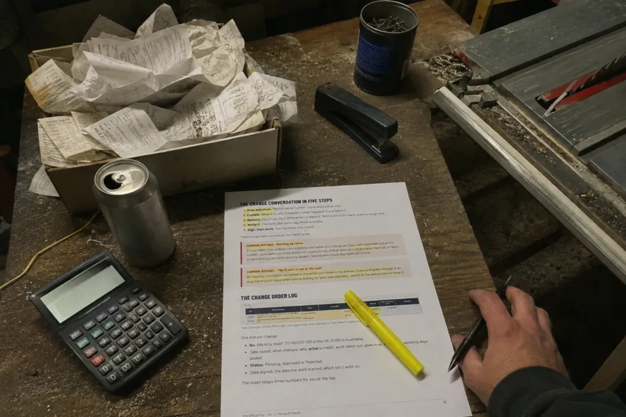 Printed change conversation guide and change order log on a garage workbench