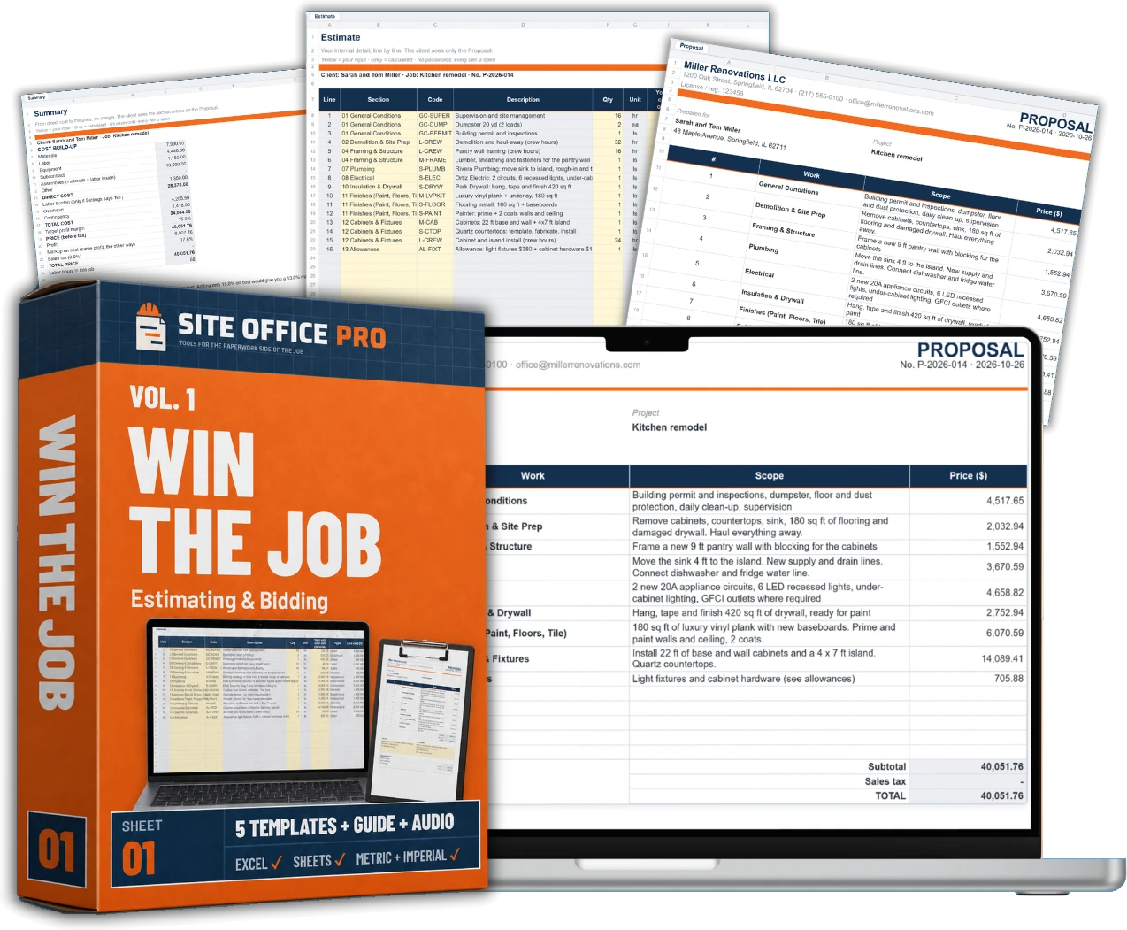Laptop showing the Bid Estimate Workbook, a printed client proposal on a clipboard beside it