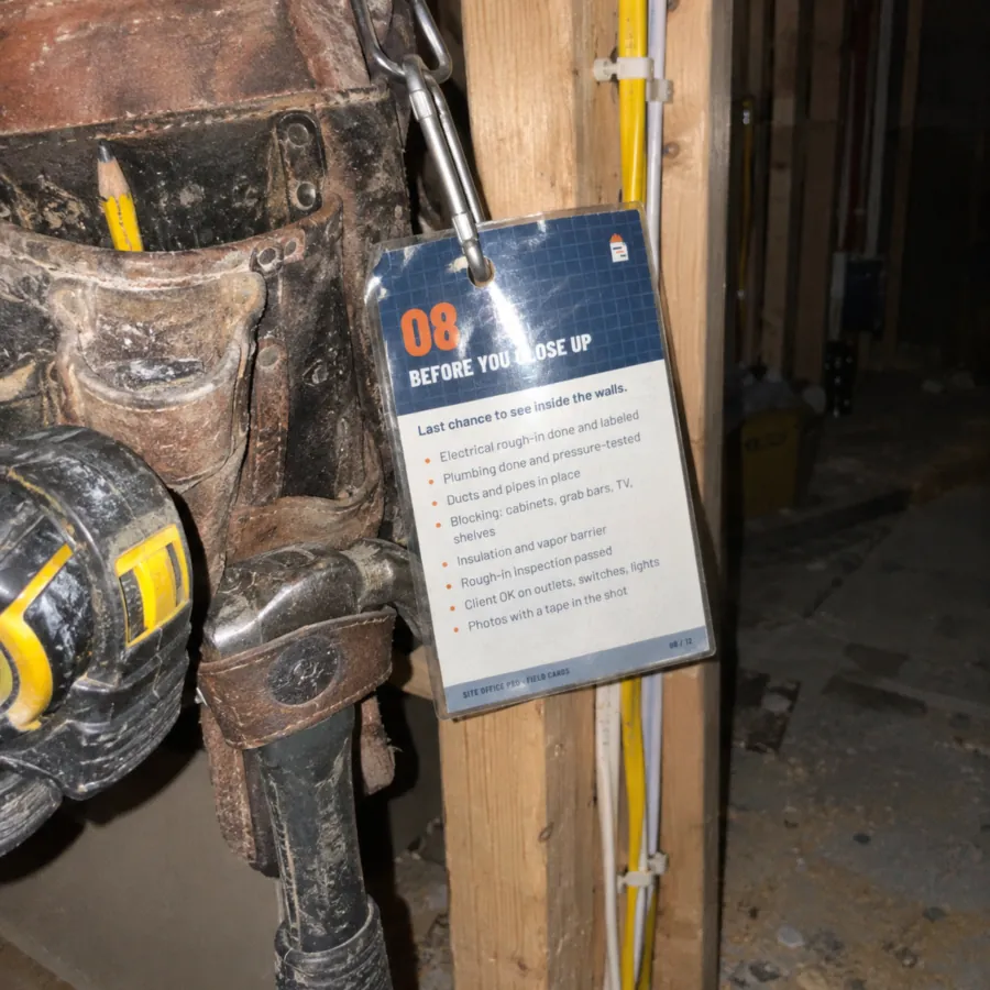 Site Office Pro field card clipped to a carabiner on a job site